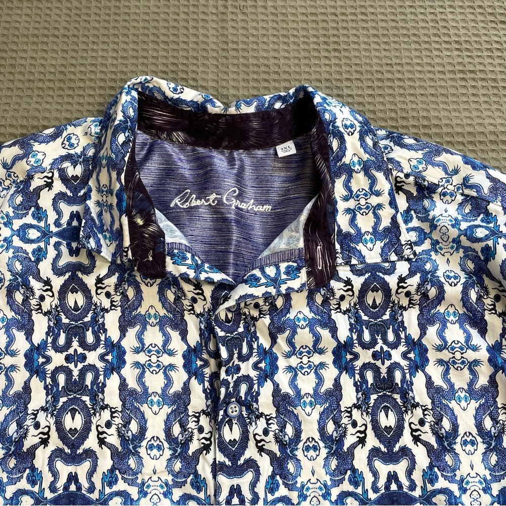 Robert Graham Dragon Flip Cuff Shirt 3XL Mens Long Sleeve Oriental White Blue